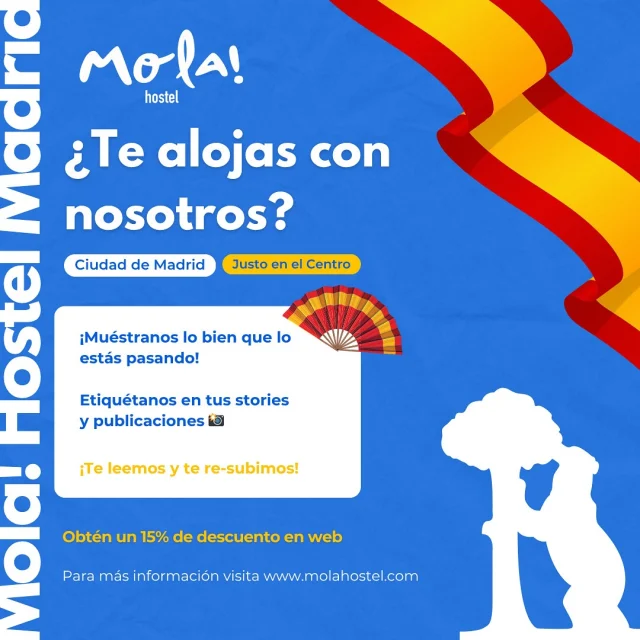 ¿Estás alojado en Mola Hostel?
Etiqueta a @molahostel en tus fotos o stories y déjanos ver cómo disfrutas Madrid. 
Tu experiencia puede inspirar a otros viajeros como tú.

#madrid
#hostelenmadrid
#turismomadrid
#molahostel